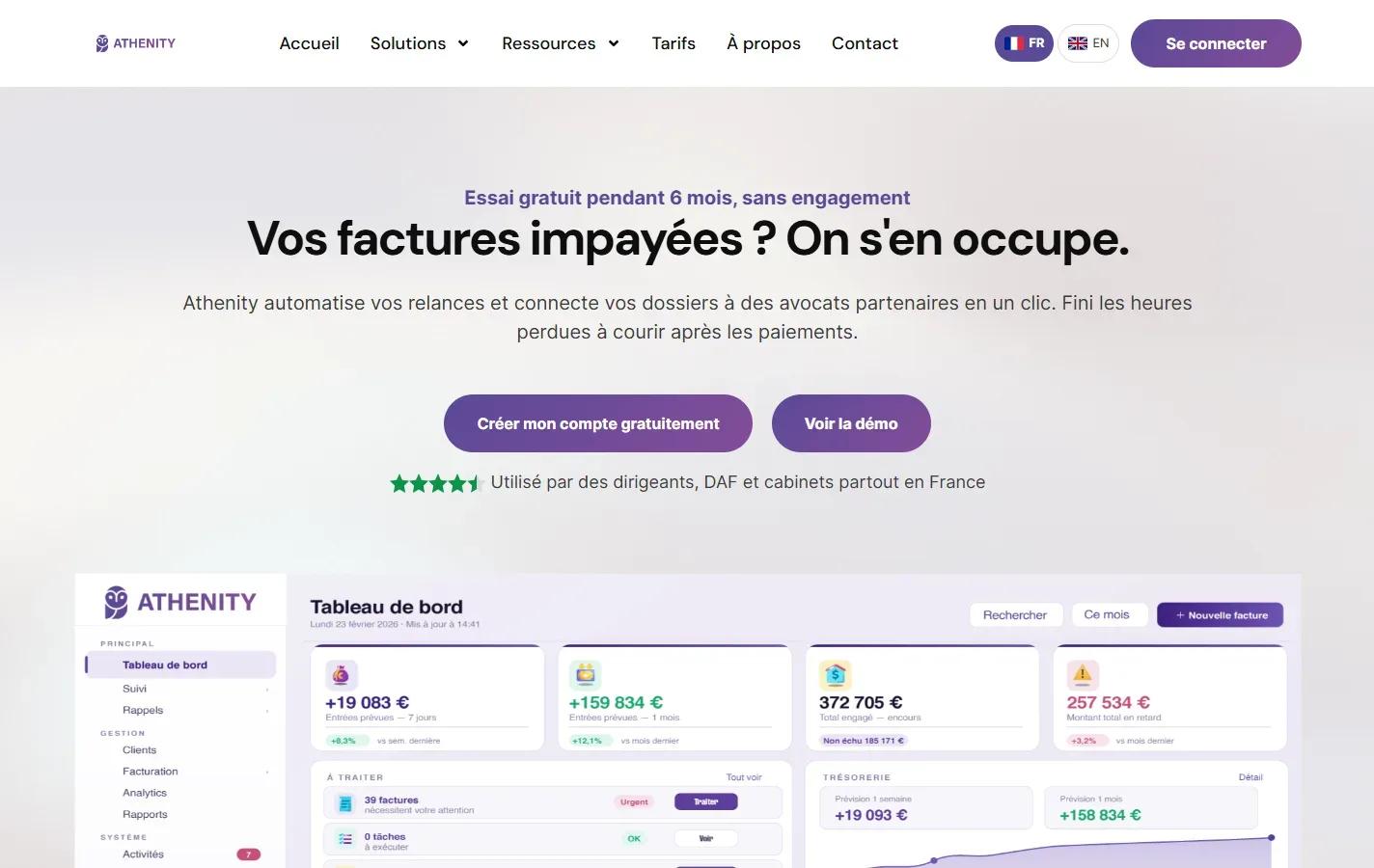 Capture du site Athenity : accueil avec promesse, boutons Créer mon compte et Voir la démo, aperçu du tableau de bord