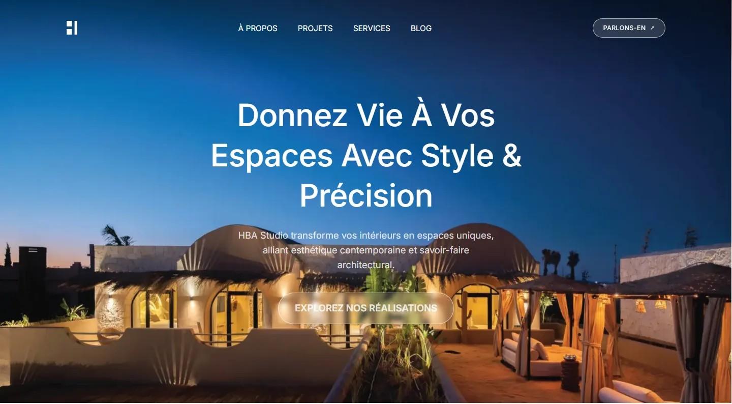 Capture de la refonte du site HBA Studio : accueil avec photo d’une villa, menu projets et services, bouton Explorez nos réalisations