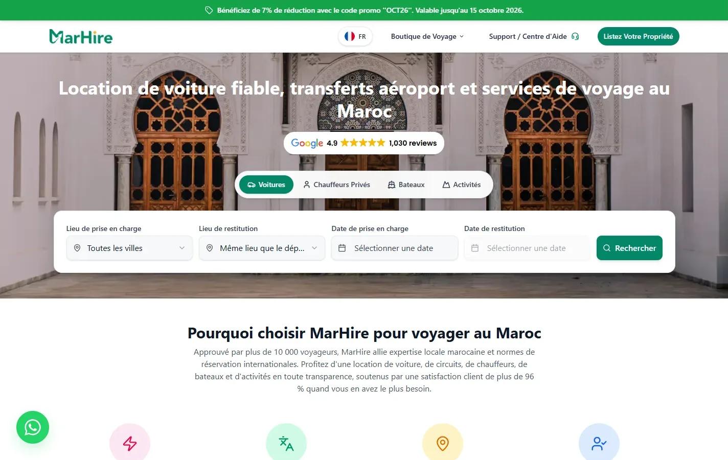 Capture du site Marhire : accueil avec onglets voitures, chauffeurs, bateaux, activités et formulaire de recherche