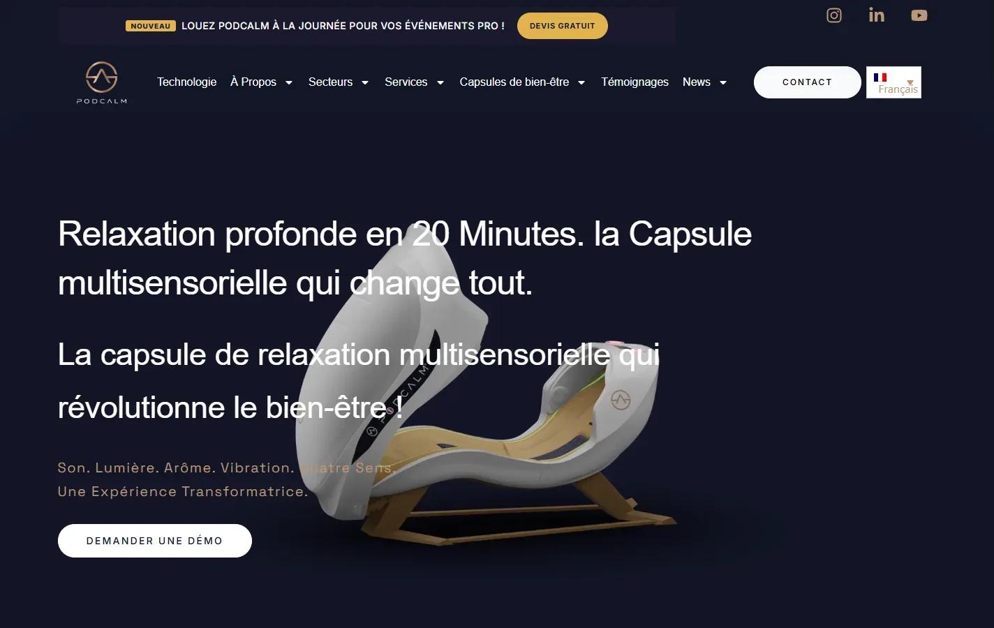 Capture du site PODCALM : accueil avec la capsule de relaxation, menu par secteurs et bouton Contact