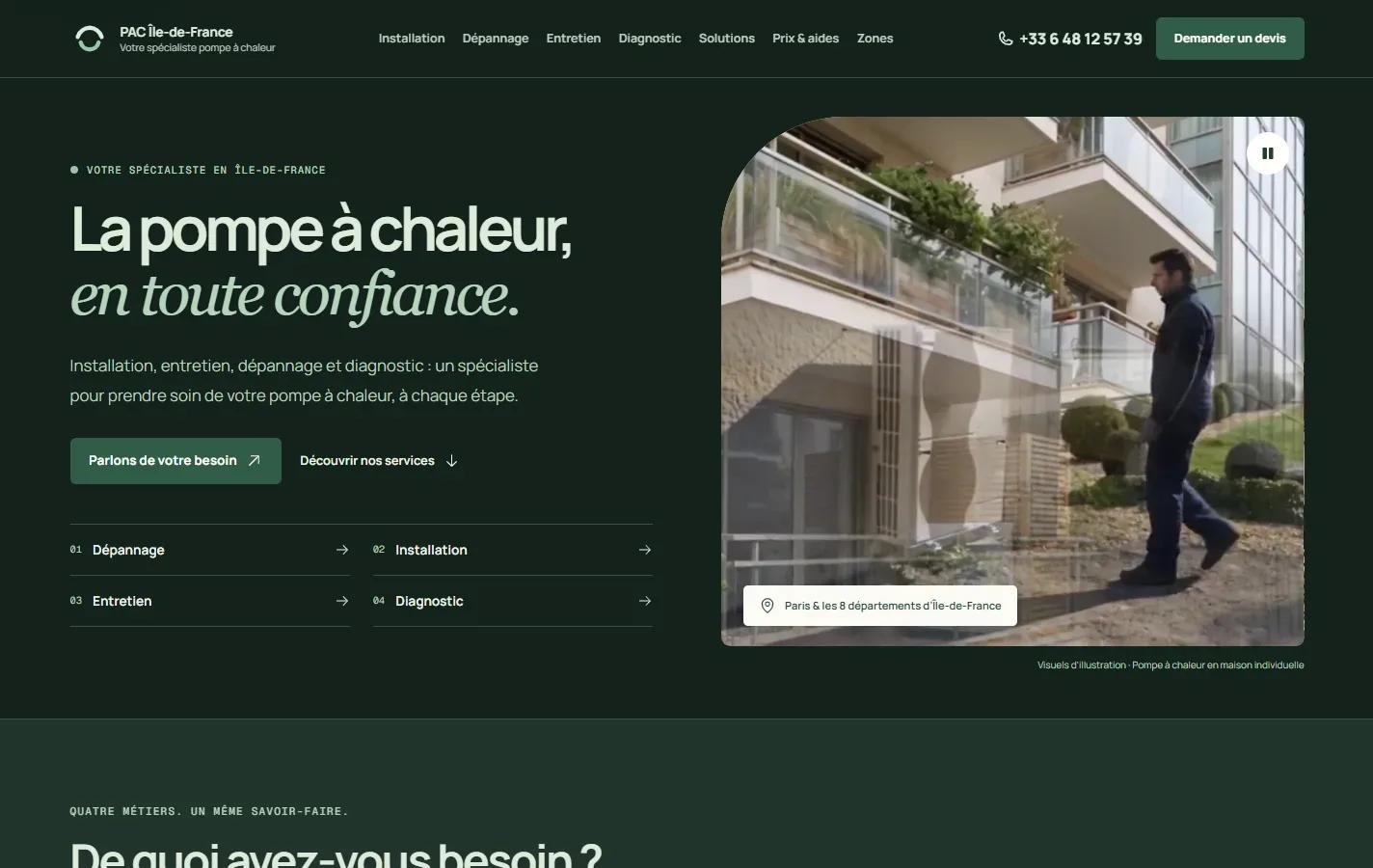 Capture du site pompe-a-chaleur-expert.fr : accueil avec les quatre prestations, le téléphone et le bouton Demander un devis