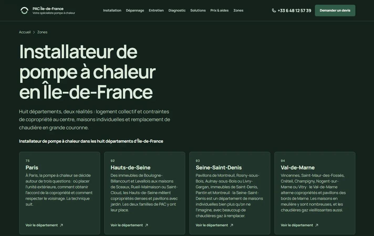 Zones d’intervention : une page par département, pour être trouvé sur « pompe à chaleur Val-de-Marne »