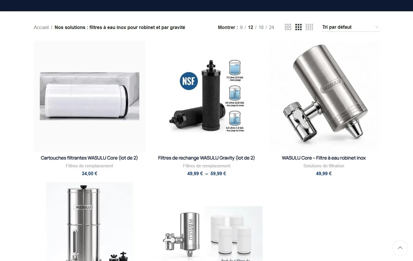 Capture de la boutique WASULU : liste des filtres à eau avec prix et catégories