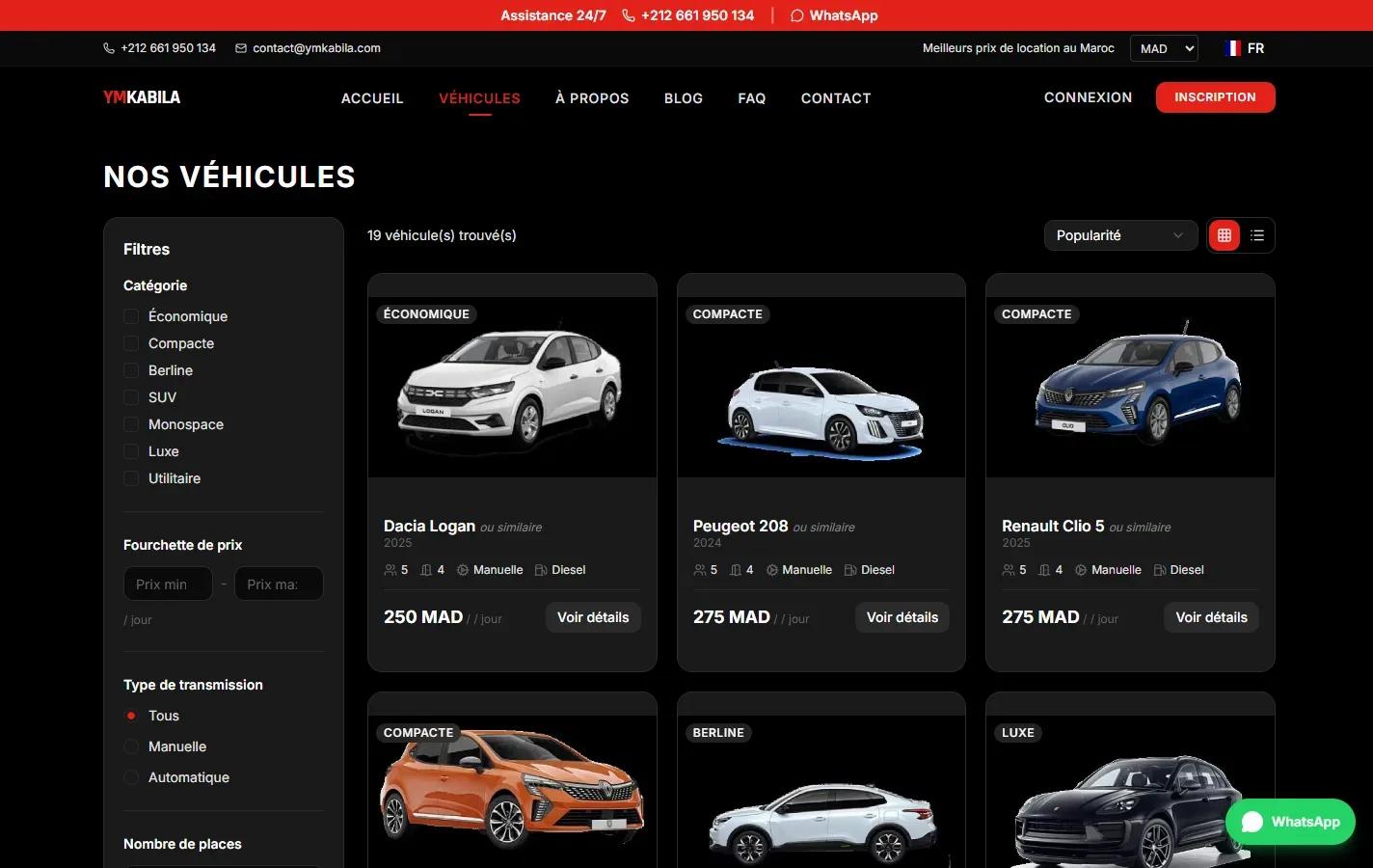 Capture du site YMKabila : liste des véhicules de location avec filtres, prix par jour et bouton Voir détails