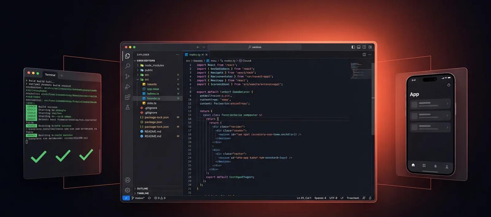 Illustration: full stack development environment — code editor, application interface and database