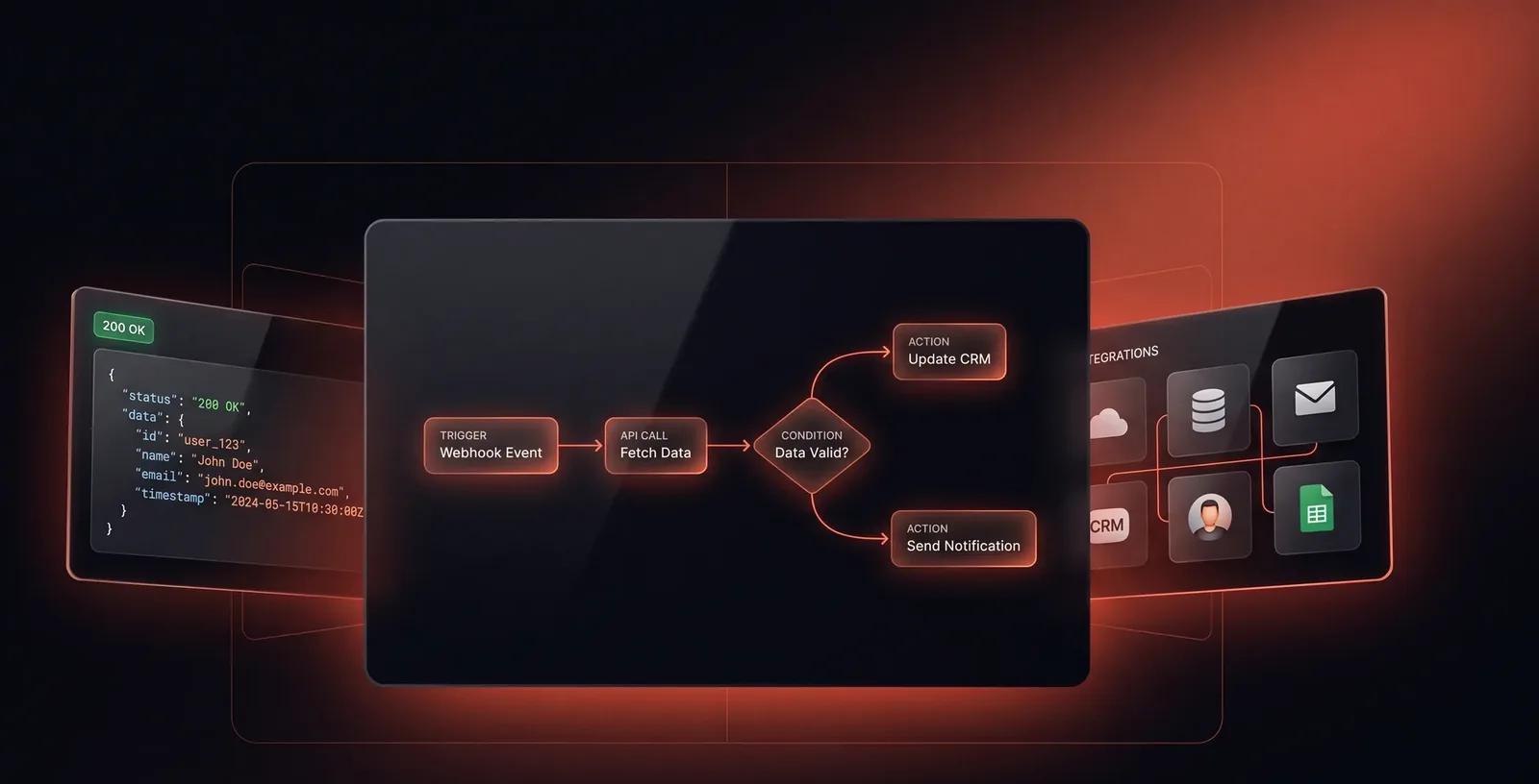 Illustration: automation pipeline — API integrations, webhooks and service-to-service flows